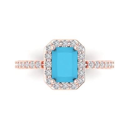 1.92 cttw Simulated Turquoise Solitaire with Zirconia Simulated Diamond Accents Engagement Ring - Solid Gold (Emerald Cut,7.5X5.5mm)