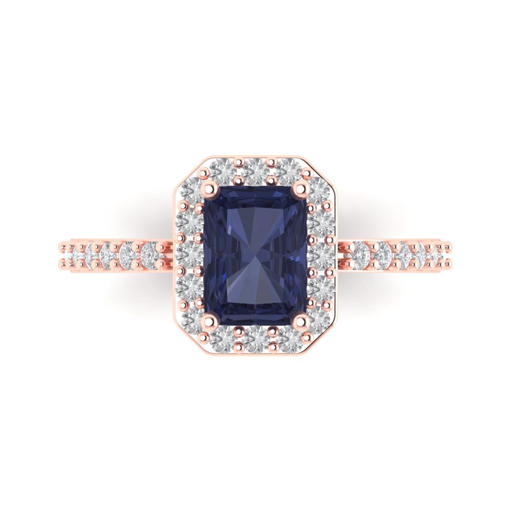 1.92 cttw Simulated Blue Sapphire Solitaire with Zirconia Simulated Diamond Accents Engagement Ring - Solid Gold (Emerald Cut,7.5X5.5mm)
