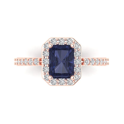 1.92 cttw Simulated Blue Sapphire Solitaire with Zirconia Simulated Diamond Accents Engagement Ring - Solid Gold (Emerald Cut,7.5X5.5mm)