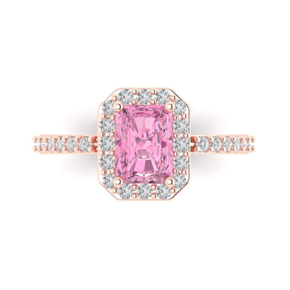 1.92 cttw Zirconia Simulated Pink Diamond Solitaire with Zirconia Simulated Diamond Accents Engagement Ring - Solid Gold (VVS1, Emerald Cut,7.5X5.5mm)