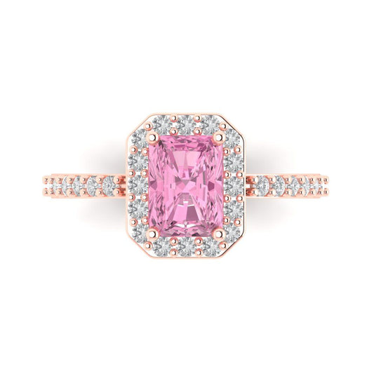 1.92 cttw Zirconia Simulated Pink Diamond Solitaire with Zirconia Simulated Diamond Accents Engagement Ring - Solid Rose Gold (VVS1, Emerald Cut,7.5X5.5mm)
