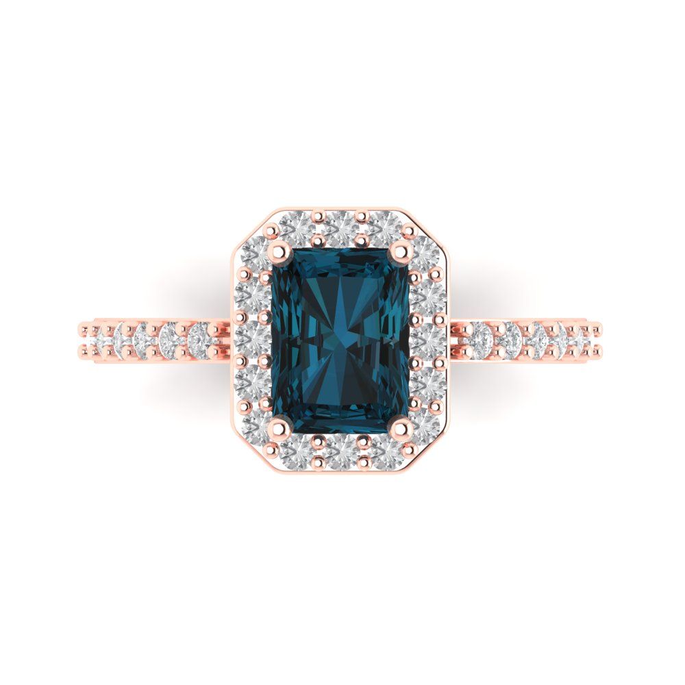 1.92 cttw Natural London Blue Topaz Solitaire with Zirconia Simulated Diamond Accents Engagement Ring - Solid Gold (Emerald Cut,7.5X5.5mm)