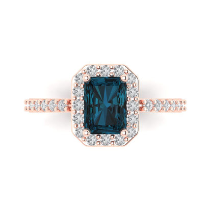 1.92 cttw Natural London Blue Topaz Solitaire with Zirconia Simulated Diamond Accents Engagement Ring - Solid Gold (Emerald Cut,7.5X5.5mm)