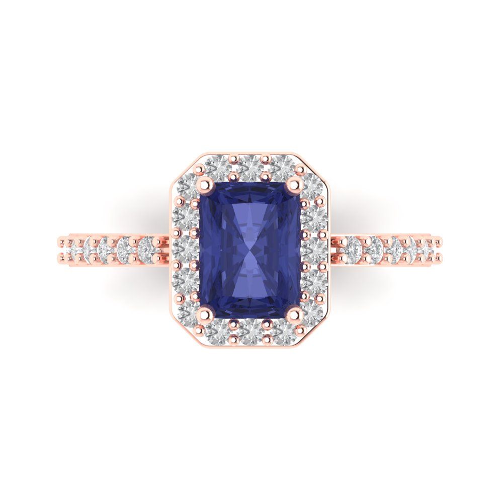 1.92 cttw Simulated Tanzanite Solitaire with Zirconia Simulated Diamond Accents Engagement Ring - Solid Gold (Emerald Cut,7.5X5.5mm)