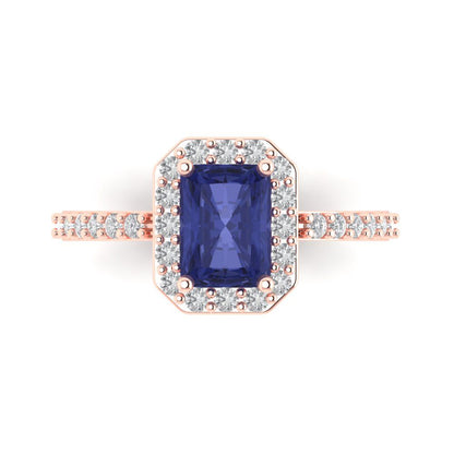 1.92 cttw Simulated Tanzanite Solitaire with Zirconia Simulated Diamond Accents Engagement Ring - Solid Gold (Emerald Cut,7.5X5.5mm)
