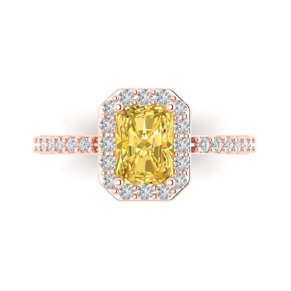 1.92 cttw Zirconia Simulated Yellow Diamond Solitaire with Zirconia Simulated Diamond Accents Engagement Ring - Solid Gold (VVS1, Emerald Cut,7.5X5.5mm)