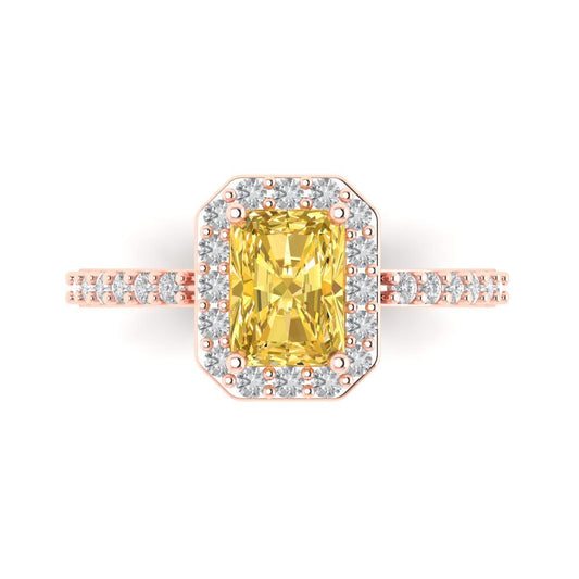 1.92 cttw Zirconia Simulated Yellow Diamond Solitaire with Zirconia Simulated Diamond Accents Engagement Ring - Solid Rose Gold (VVS1, Emerald Cut,7.5X5.5mm)