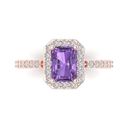 1.92 cttw Simulated Alexandrite Solitaire with Zirconia Simulated Diamond Accents Engagement Ring - Solid Gold (Emerald Cut,7.5X5.5mm)