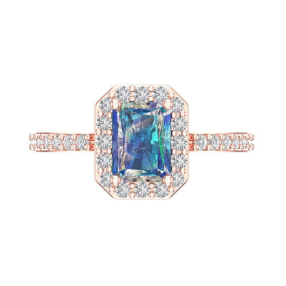 1.92 cttw Blue Moissanite Solitaire with Zirconia Simulated Diamond Accents Engagement Ring - Solid Gold (Emerald Cut,7.5X5.5mm)