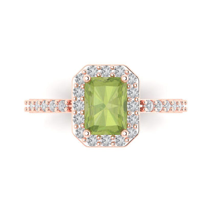 1.92 cttw Natural Peridot Solitaire with Zirconia Simulated Diamond Accents Engagement Ring - Solid Gold (Emerald Cut,7.5X5.5mm)