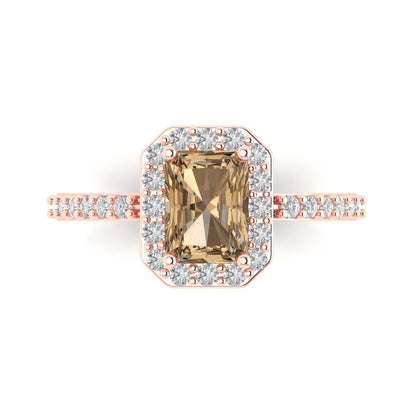 1.92 cttw Zirconia Simulated Champagne Diamond Solitaire with Zirconia Simulated Diamond Accents Engagement Ring - Solid Gold (VVS1, Emerald Cut,7.5X5.5mm)