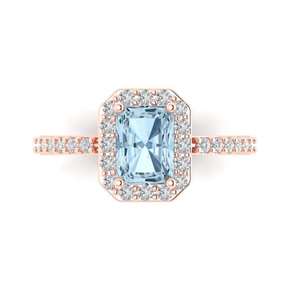 1.92 cttw Natural Swiss Blue Topaz Solitaire with Zirconia Simulated Diamond Accents Engagement Ring - Solid Gold (Emerald Cut,7.5X5.5mm)