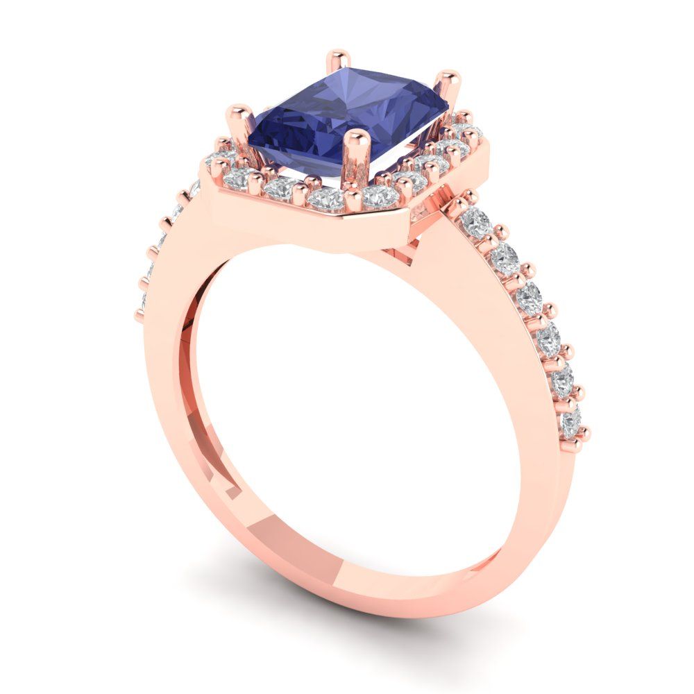 1.92 cttw Simulated Tanzanite Solitaire with Zirconia Simulated Diamond Accents Engagement Ring - Solid Gold (Emerald Cut,7.5X5.5mm)