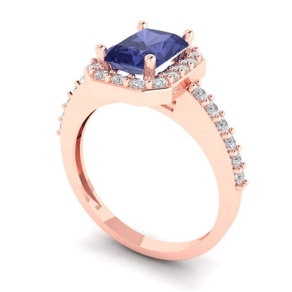 1.92 cttw Simulated Tanzanite Solitaire with Zirconia Simulated Diamond Accents Engagement Ring - Solid Gold (Emerald Cut,7.5X5.5mm)