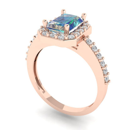 1.92 cttw Blue Moissanite Solitaire with Zirconia Simulated Diamond Accents Engagement Ring - Solid Gold (Emerald Cut,7.5X5.5mm)