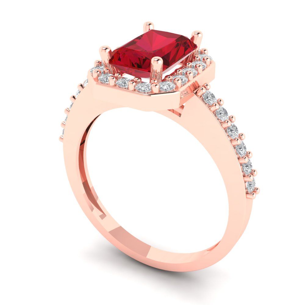 1.92 cttw Simulated Ruby Solitaire with Zirconia Simulated Diamond Accents Engagement Ring - Solid Gold (Emerald Cut,7.5X5.5mm)
