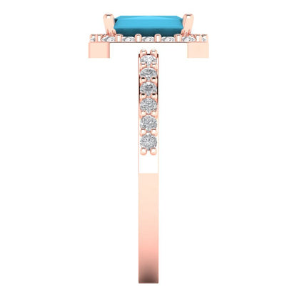 1.92 cttw Simulated Turquoise Solitaire with Zirconia Simulated Diamond Accents Engagement Ring - Solid Gold (Emerald Cut,7.5X5.5mm)