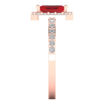 1.92 cttw Simulated Ruby Solitaire with Zirconia Simulated Diamond Accents Engagement Ring - Solid Gold (Emerald Cut,7.5X5.5mm)