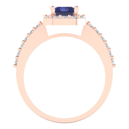 1.92 cttw Simulated Tanzanite Solitaire with Zirconia Simulated Diamond Accents Engagement Ring - Solid Gold (Emerald Cut,7.5X5.5mm)