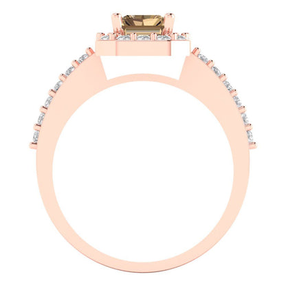 1.92 cttw Zirconia Simulated Champagne Diamond Solitaire with Zirconia Simulated Diamond Accents Engagement Ring - Solid Gold (VVS1, Emerald Cut,7.5X5.5mm)