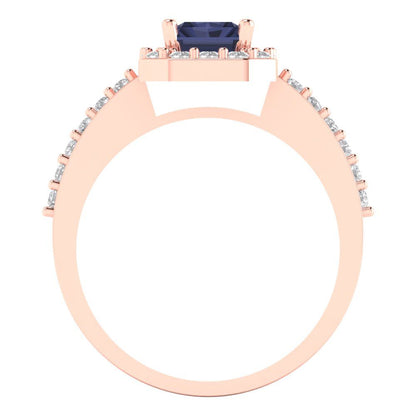 1.92 cttw Simulated Blue Sapphire Solitaire with Zirconia Simulated Diamond Accents Engagement Ring - Solid Gold (Emerald Cut,7.5X5.5mm)