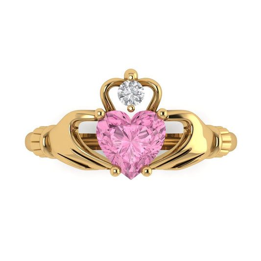 1.06 cttw Zirconia Simulated Pink Diamond Celtic Claddagh Engagement Ring - Solid Yellow Gold (VVS1, Heart Cut,6.5mm)