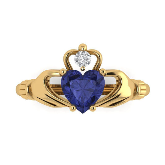 1.06 cttw Simulated Tanzanite Celtic Claddagh Engagement Ring - Solid Yellow Gold (VVS1, Heart Cut,6.5mm)