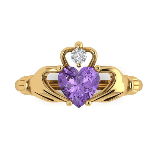 1.06 cttw Simulated Alexandrite Celtic Claddagh Engagement Ring - Solid Yellow Gold (VVS1, Heart Cut,6.5mm)