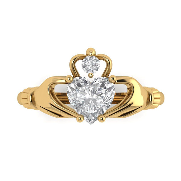 1.06 ct Brilliant Heart Cut Genuine Cultured Diamond Stone Clarity VS1-2 Color I-J Yellow Gold Solitaire Claddagh Ring