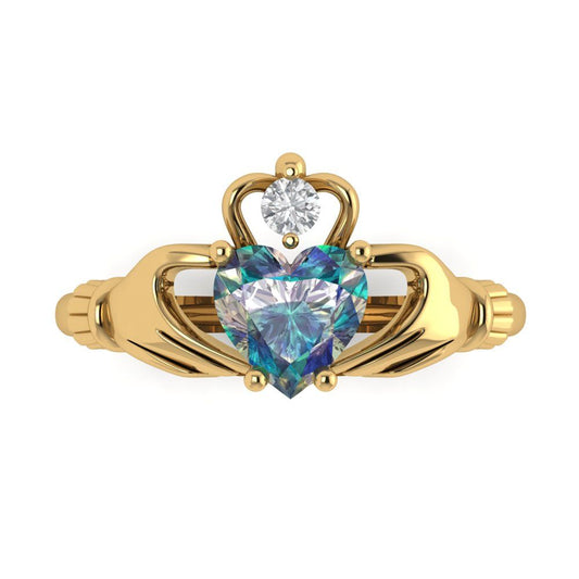 1.06 cttw Blue Moissanite Celtic Claddagh Engagement Ring - Solid Yellow Gold (VVS1, Heart Cut,6.5mm)