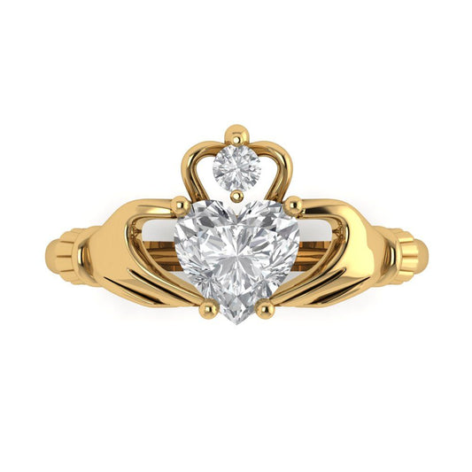 1.06 cttw White Sapphire Celtic Claddagh Engagement Ring - Solid Yellow Gold (VVS1, Heart Cut,6.5mm)