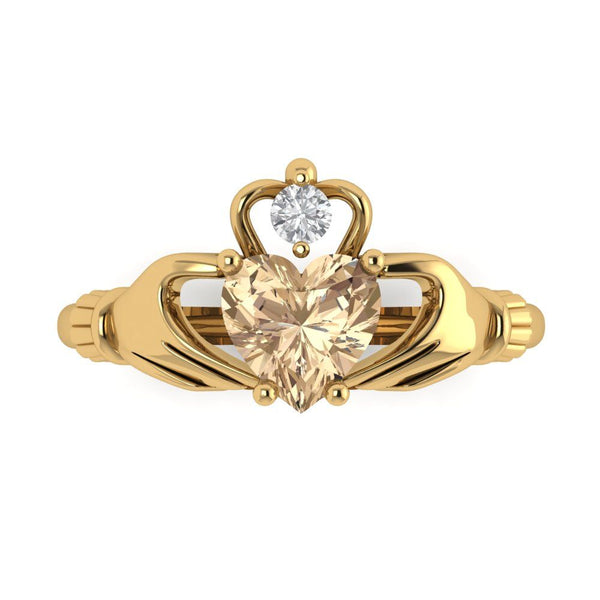1.06 ct Brilliant Heart Cut Yellow Moissanite Stone Yellow Gold Solitaire Claddagh Ring