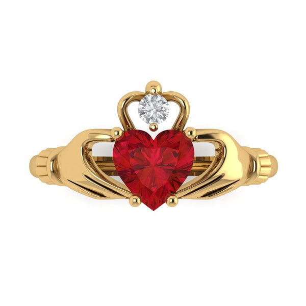 1.06 ct Brilliant Heart Cut Simulated Ruby Stone Yellow Gold Solitaire Claddagh Ring