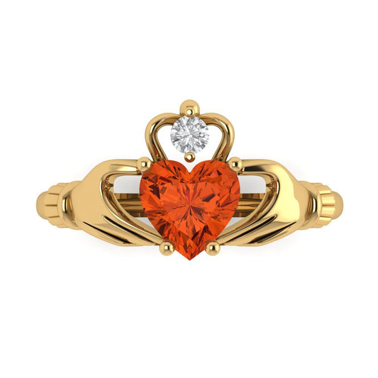 1.06 cttw Zirconia Simulated Red Diamond Celtic Claddagh Engagement Ring - Solid Yellow Gold (VVS1, Heart Cut,6.5mm)