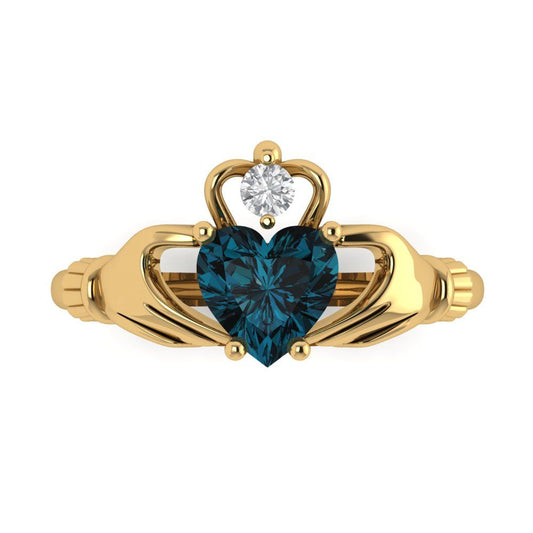1.06 cttw Natural London Blue Topaz Celtic Claddagh Engagement Ring - Solid Yellow Gold (VVS1, Heart Cut,6.5mm)