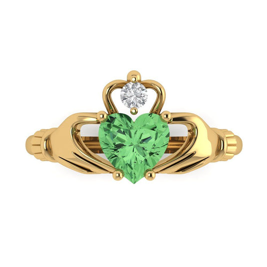 1.06 cttw Zirconia Simulated Green Diamond Celtic Claddagh Engagement Ring - Solid Yellow Gold (VVS1, Heart Cut,6.5mm)