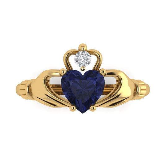 1.06 cttw Simulated Blue Sapphire Celtic Claddagh Engagement Ring - Solid Yellow Gold (VVS1, Heart Cut,6.5mm)