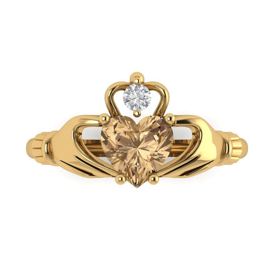 1.06 cttw Zirconia Simulated Champagne Diamond Celtic Claddagh Engagement Ring - Solid Yellow Gold (VVS1, Heart Cut,6.5mm)