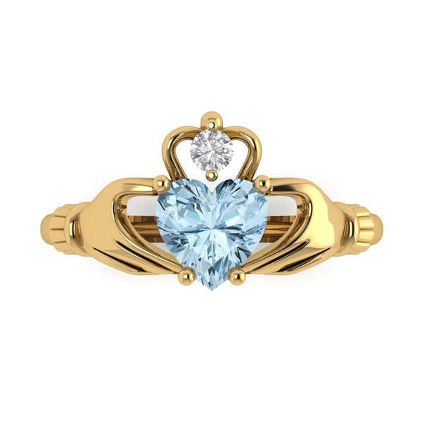 1.06 ct Brilliant Heart Cut Natural Swiss Blue Topaz Stone Yellow Gold Solitaire Claddagh Ring