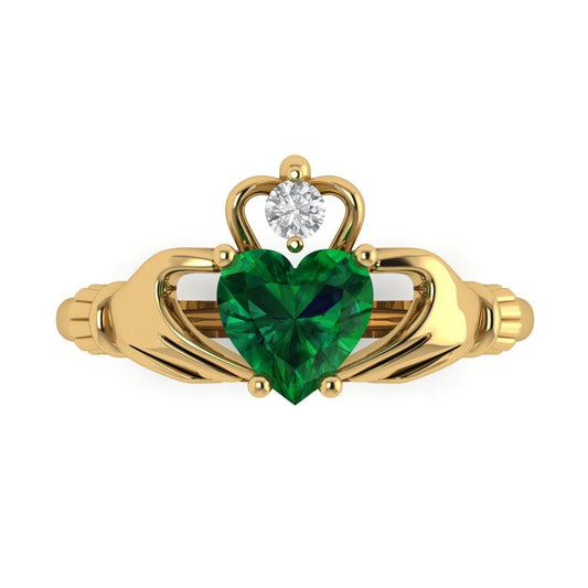 1.06 cttw Simulated Emerald Celtic Claddagh Engagement Ring - Solid Yellow Gold (VVS1, Heart Cut,6.5mm)