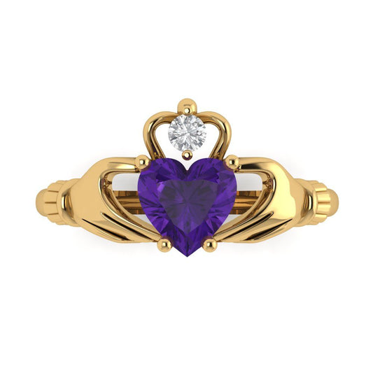 1.06 cttw Natural Amethyst Celtic Claddagh Engagement Ring - Solid Yellow Gold (VVS1, Heart Cut,6.5mm)