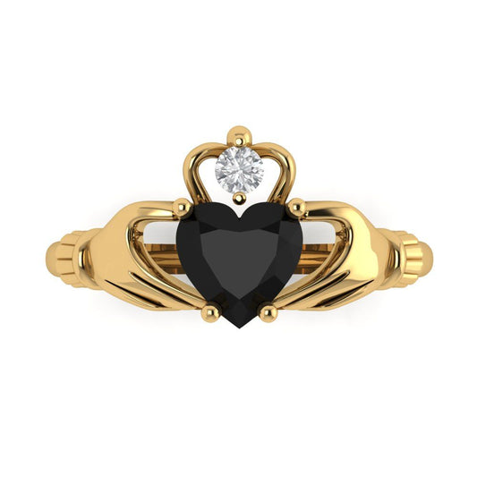 1.06 cttw Natural Onyx Celtic Claddagh Engagement Ring - Solid Yellow Gold (VVS1, Heart Cut,6.5mm)