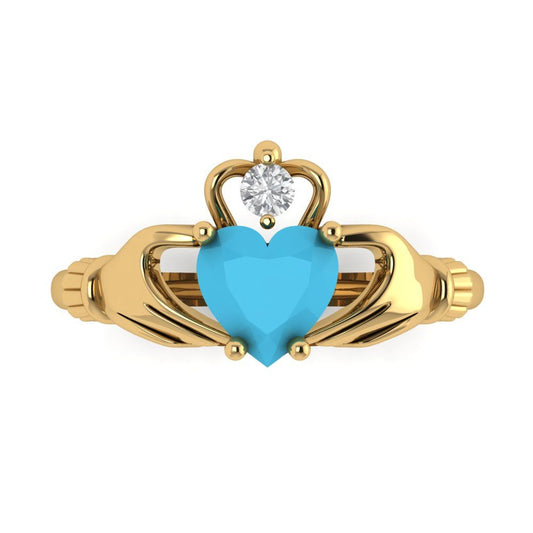 1.06 cttw Simulated Turquoise Celtic Claddagh Engagement Ring - Solid Yellow Gold (VVS1, Heart Cut,6.5mm)