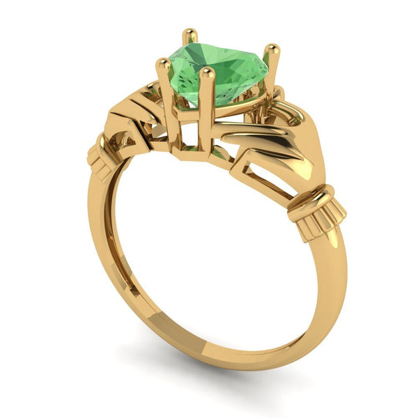 1.06 ct Brilliant Heart Cut Green Simulated Diamond Stone Yellow Gold Solitaire Claddagh Ring