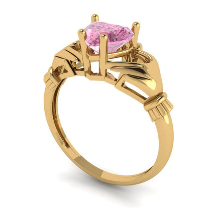 1.06 cttw Zirconia Simulated Pink Diamond Celtic Claddagh Engagement Ring - Solid Gold (VVS1, Heart Cut,6.5mm)