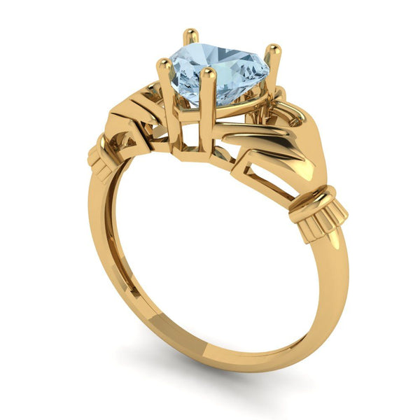 1.06 ct Brilliant Heart Cut Natural Swiss Blue Topaz Stone Yellow Gold Solitaire Claddagh Ring