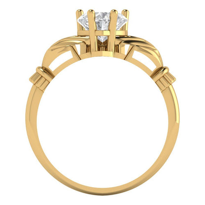 1.06 ct Brilliant Heart Cut Genuine Cultured Diamond Stone Clarity VS1-2 Color G-H Yellow Gold Solitaire Claddagh Ring