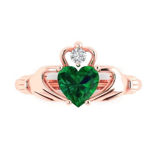 1.06 cttw Simulated Emerald Celtic Claddagh Engagement Ring - Solid Rose Gold (VVS1, Heart Cut,6.5mm)