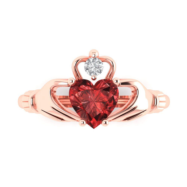 1.06 ct Brilliant Heart Cut Natural Garnet Stone Rose Gold Solitaire Claddagh Ring