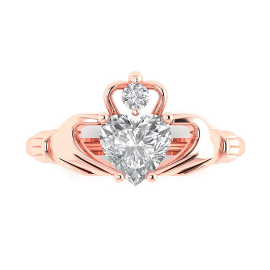 1.06 cttw White Sapphire Celtic Claddagh Engagement Ring - Solid Rose Gold (VVS1, Heart Cut,6.5mm)